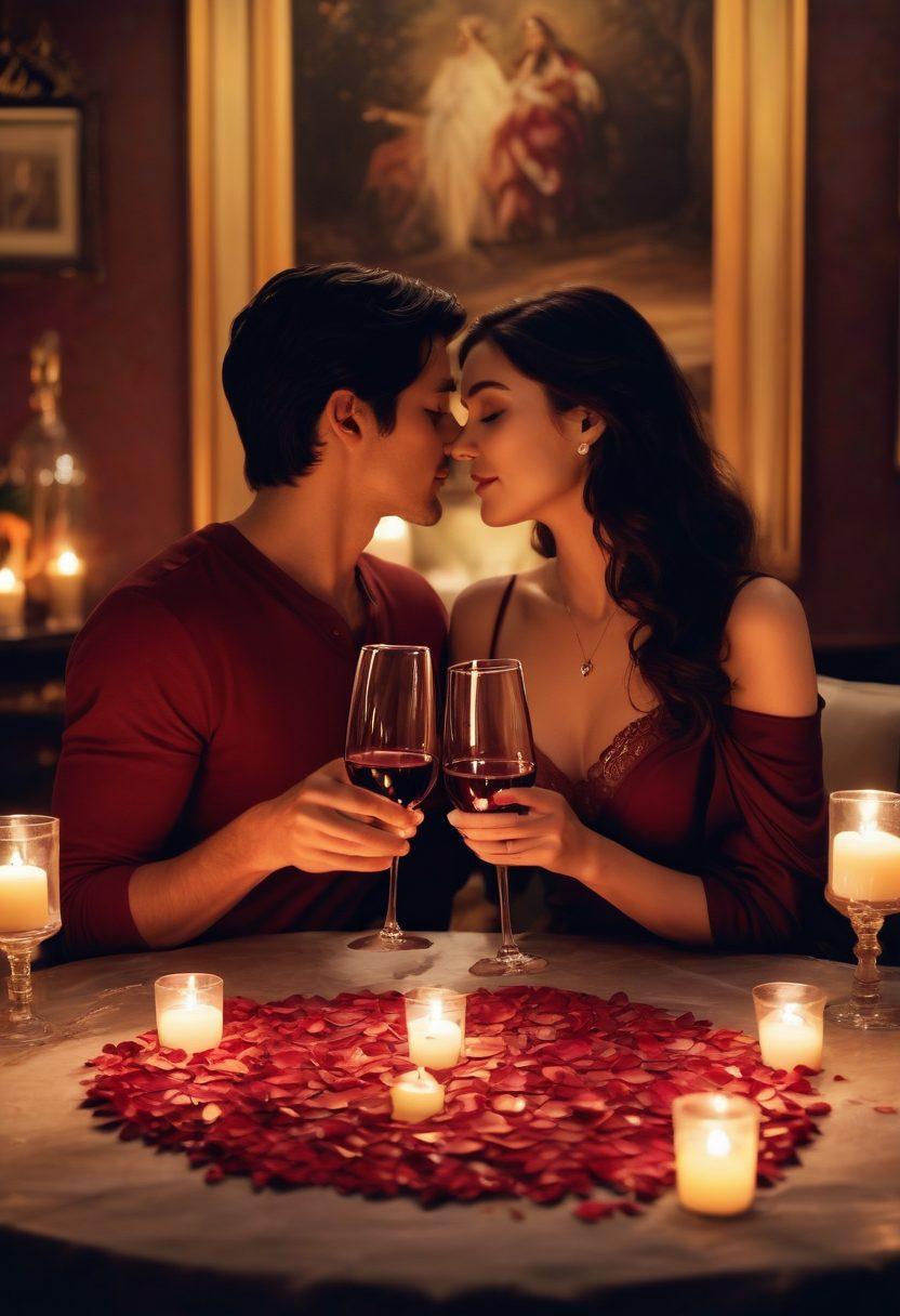 An enchanting scene of a couple in a dimly lit, cozy setting, surrounded by soft candlelight and elegant decor. The couple is gazing into each other's eyes, with subtle hints of passion and intimacy in their expressions. Surrounding them are visual symbols of love, such as rose petals and wine glasses, creating an atmosphere of romance and connection. The color palette is warm with deep reds, soft golds, and gentle shadows, evoking desire and warmth. super-realistic. vibrant colors.