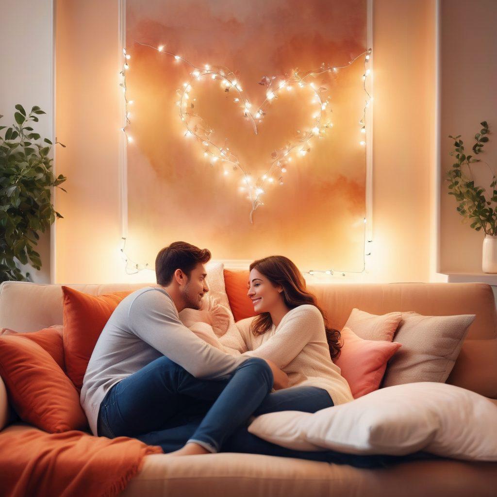 A serene couple sitting close together on a cozy sofa, sharing deep gazes and warm smiles, surrounded by soft, dim lighting and plush cushions. Gentle symbols of love, like hearts and intertwined vines, subtly weave through the background. The atmosphere exudes warmth, intimacy, and connection, inviting viewers to explore relationship fulfillment. watercolor style. warm colors. soft focus.