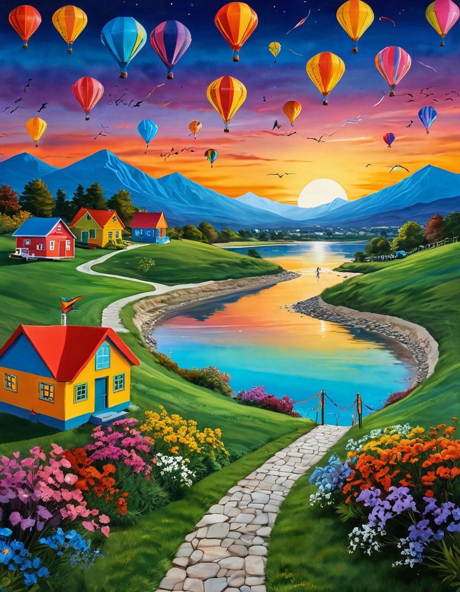 A vibrant, whimsical landscape featuring a winding path that leads through both a lively party scene on one side, full of laughter and casual connections, and a serene, intimate setting on the other side, depicting deeper relationships. The sky is alive with colorful kites representing freedom and adventure. The colors are warm and inviting, hinting at exploration and connection. super-realistic. vibrant colors. 3D.